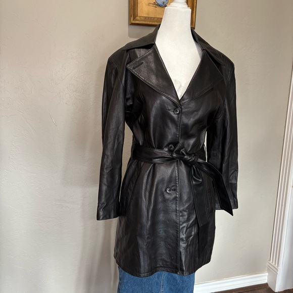 Remy Leather Black Lambskin Belted 3/4 Length Coat Made in USA Women’s Small - Picture 3 of 16